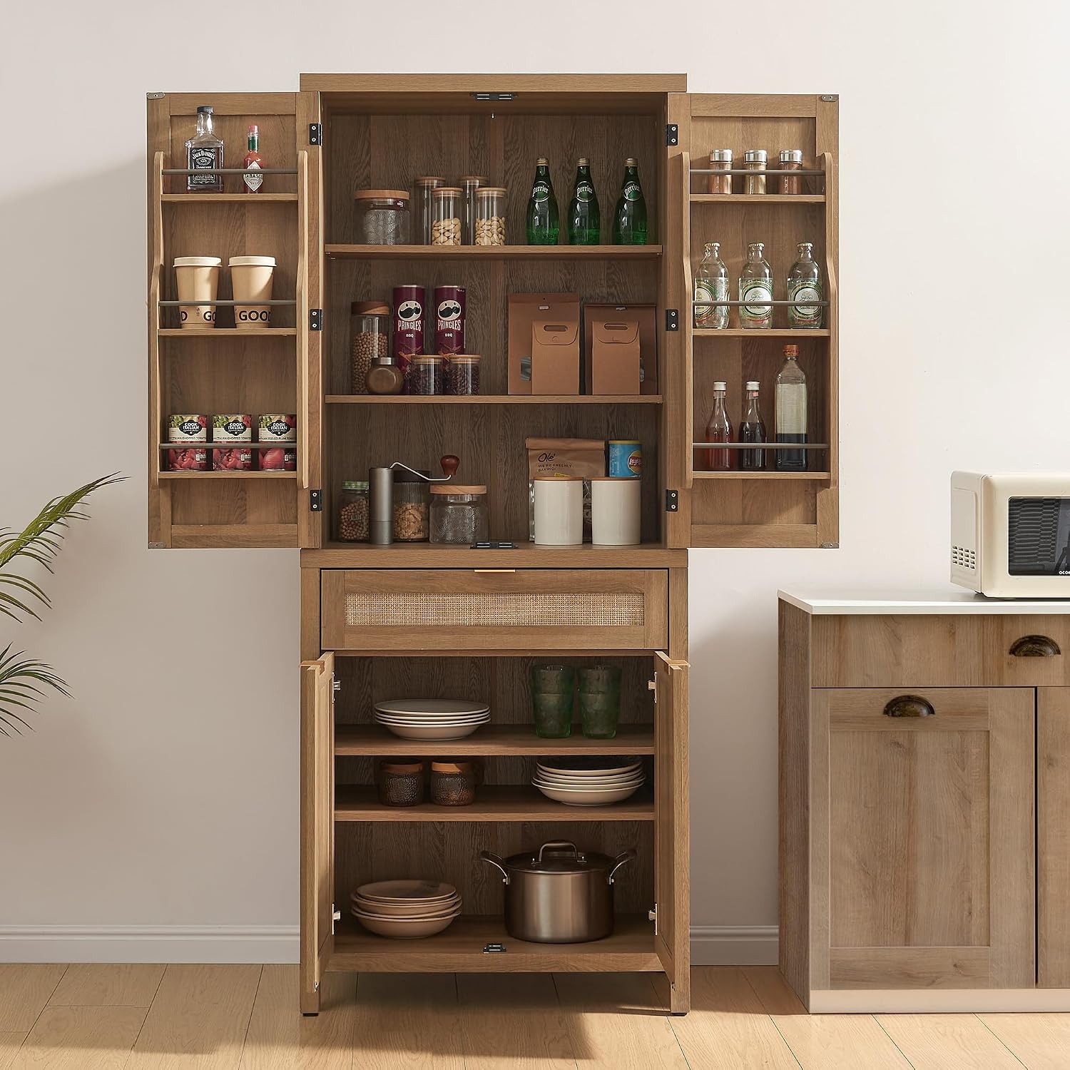 SICOTAS 72" Tall Pantry Cabinet - Rattan Kitchen Storage Cabinet with Large Drawer & 4 Doors, Farmhouse Freestanding Cupboard Pantry with Storage for Living Room, Dining Room, Oak