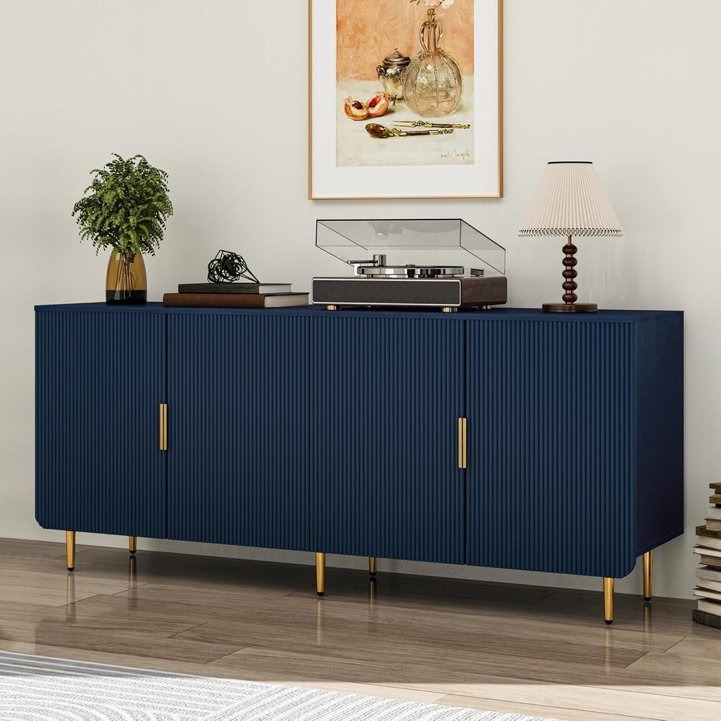 65" Fluted Sideboard Buffet Cabinet with Storage, Console Cabinet with 4 Doors & Adjustable Shelves, Modern Buffet Table for Kitchen Dining Living Room Hallway‌ Entryway, Blue