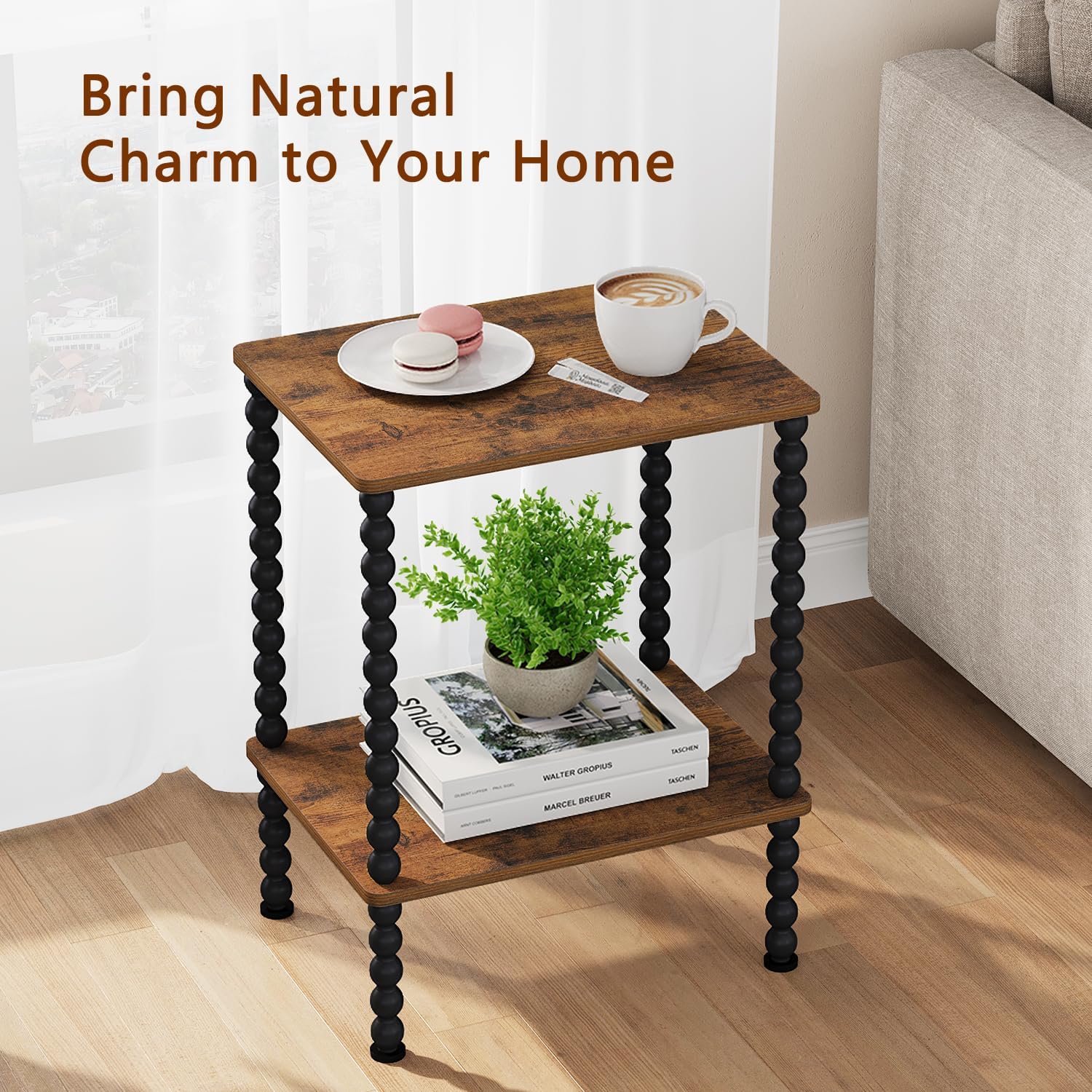 YINMIT End Table,2-Tier Small Side Table with Open Storage Shelf | Night Stand,Metal Spindle Legs,Round Curve Corner,Living Room,Bedroom,Office,Small Spaces
