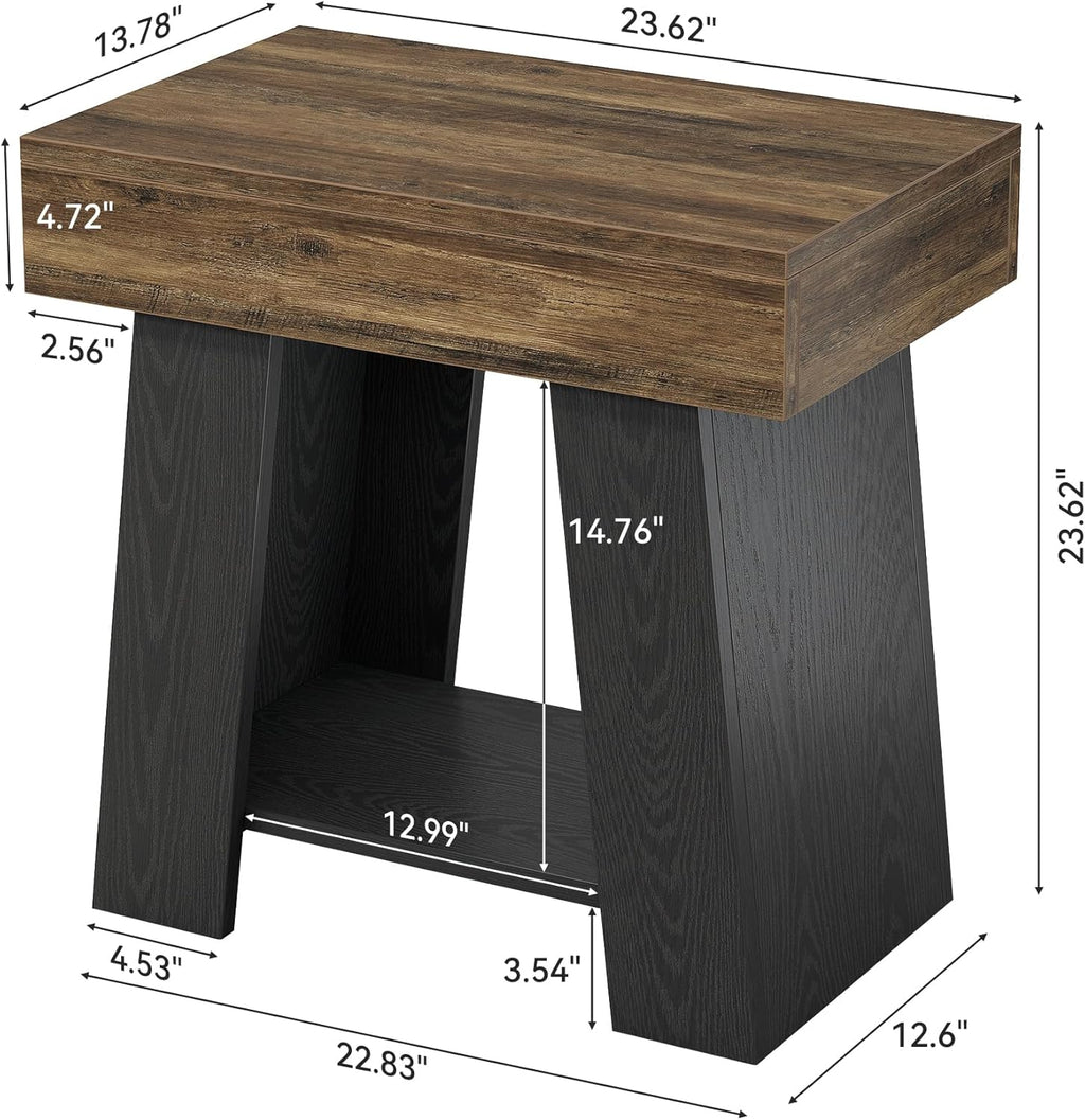 Tribesigns Wooden End Table, 2-Tier Farmhouse Nightstand Sofa Side Table with Storage Shelf, Two-Tone Side Table for Couch, Heavy-Duty Bedside Table for Bedroom, Living Room, Rustic Brown & Black