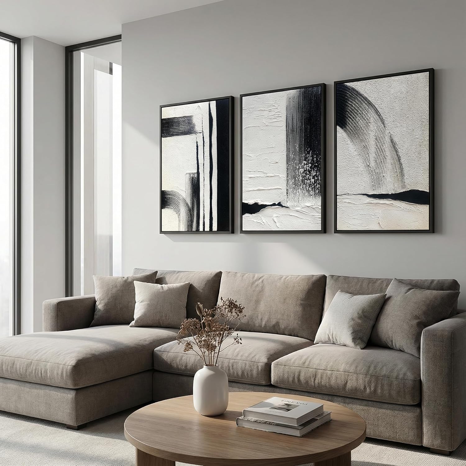 Black and White Textured Abstract Wall Art for Living Room, 3 Piece Framed Modern Artwork for Walls, Hand Painted Minimalist 3D Oil Paintings for Hallway Office Wall Decor 24x48 In