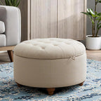 30'' Round Ottoman Coffee Table with Storage, Upholstered Tufted Ottoman with Flip Tray, Solid Wood Legs for Living Room, Bedroom, Khaki