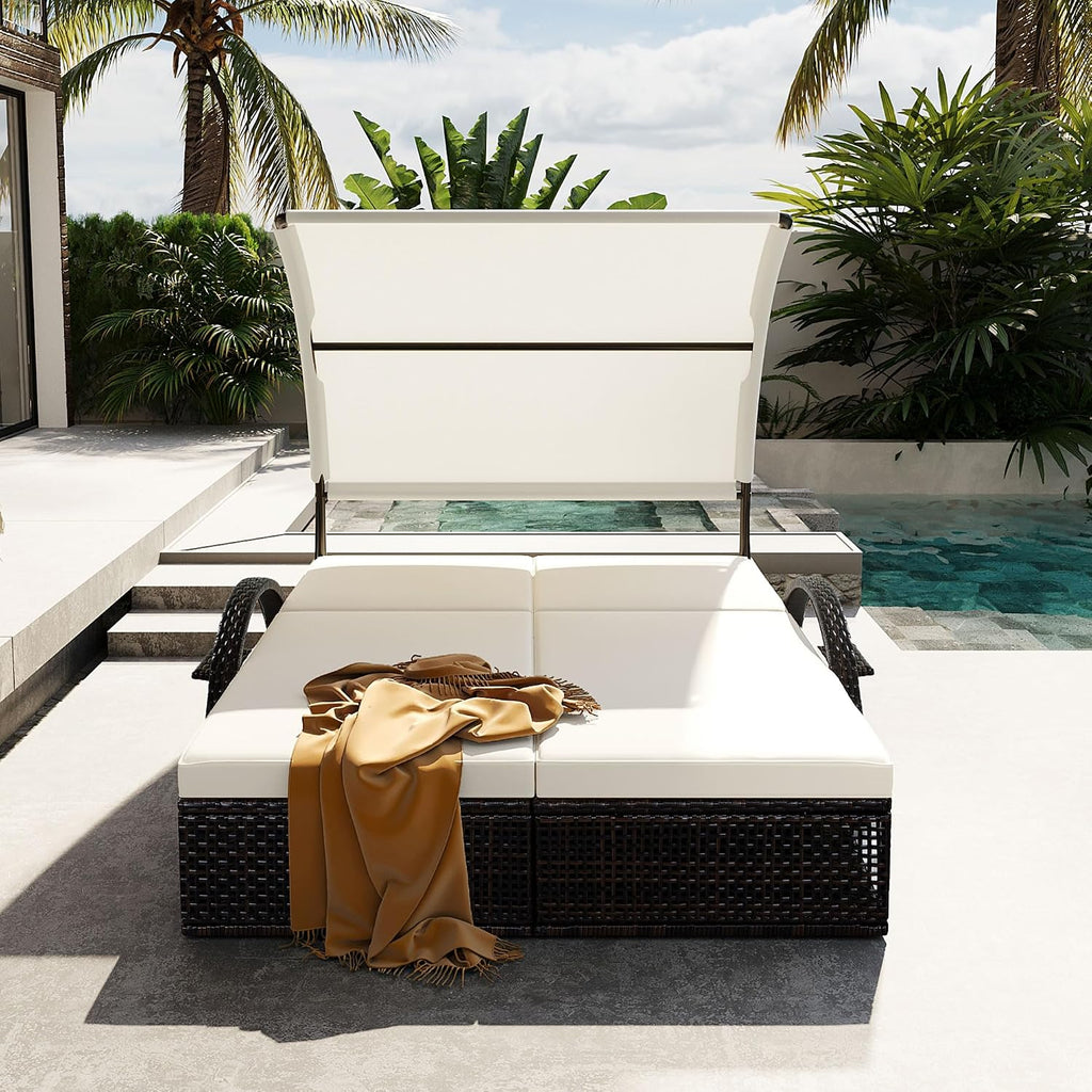 Mirightone 2-Person Outdoor Chaise Lounge Daybed with Canopy, Steel Frame Patio Sunbed with Adjustable Backrest, Hidden Side Table and Arched Armrests, for Poolside, Deck, Garden, Beige