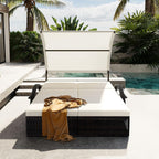 Mirightone 2-Person Outdoor Chaise Lounge Daybed with Canopy, Steel Frame Patio Sunbed with Adjustable Backrest, Hidden Side Table and Arched Armrests, for Poolside, Deck, Garden, Beige