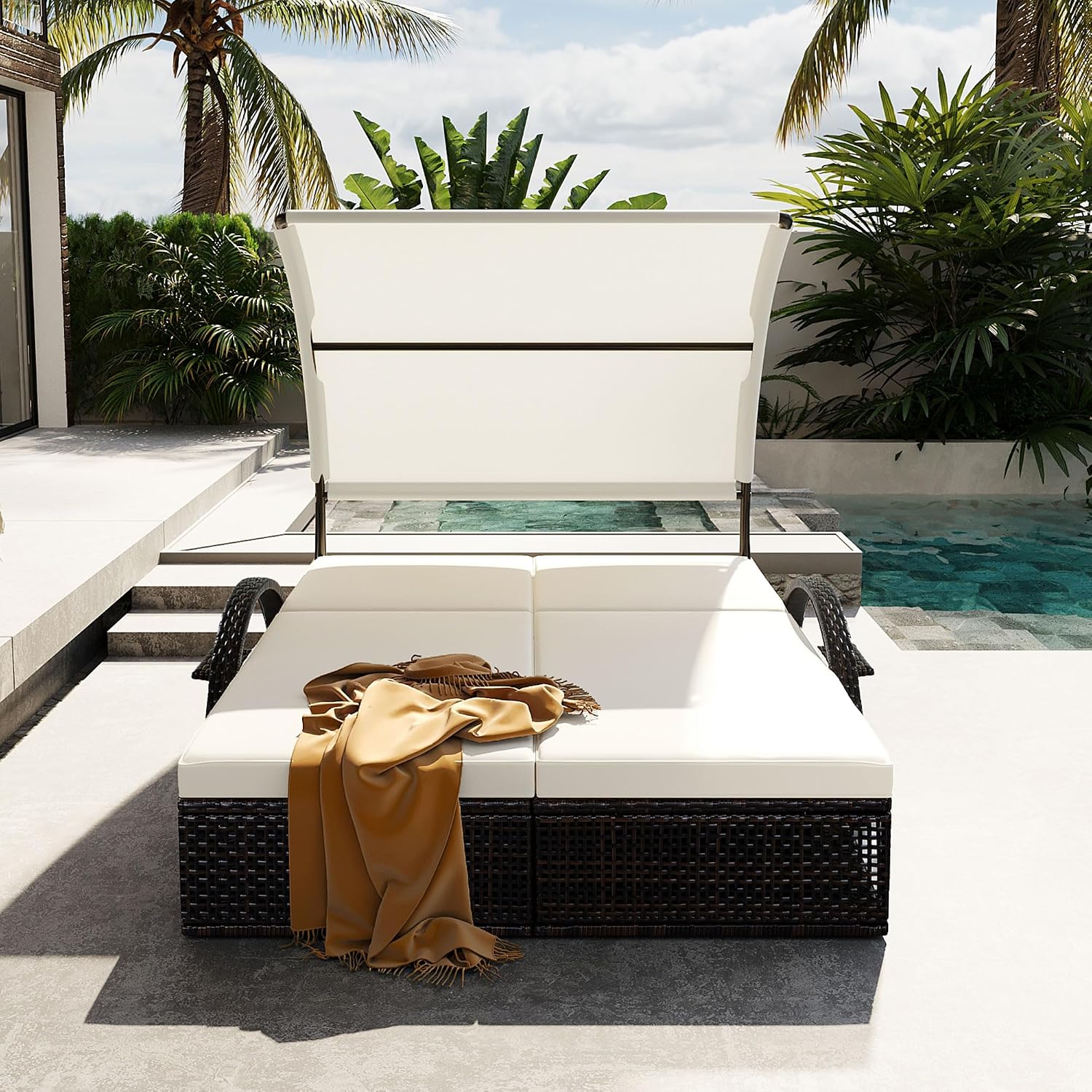 Mirightone 2-Person Outdoor Chaise Lounge Daybed with Canopy, Steel Frame Patio Sunbed with Adjustable Backrest, Hidden Side Table and Arched Armrests, for Poolside, Deck, Garden, Beige
