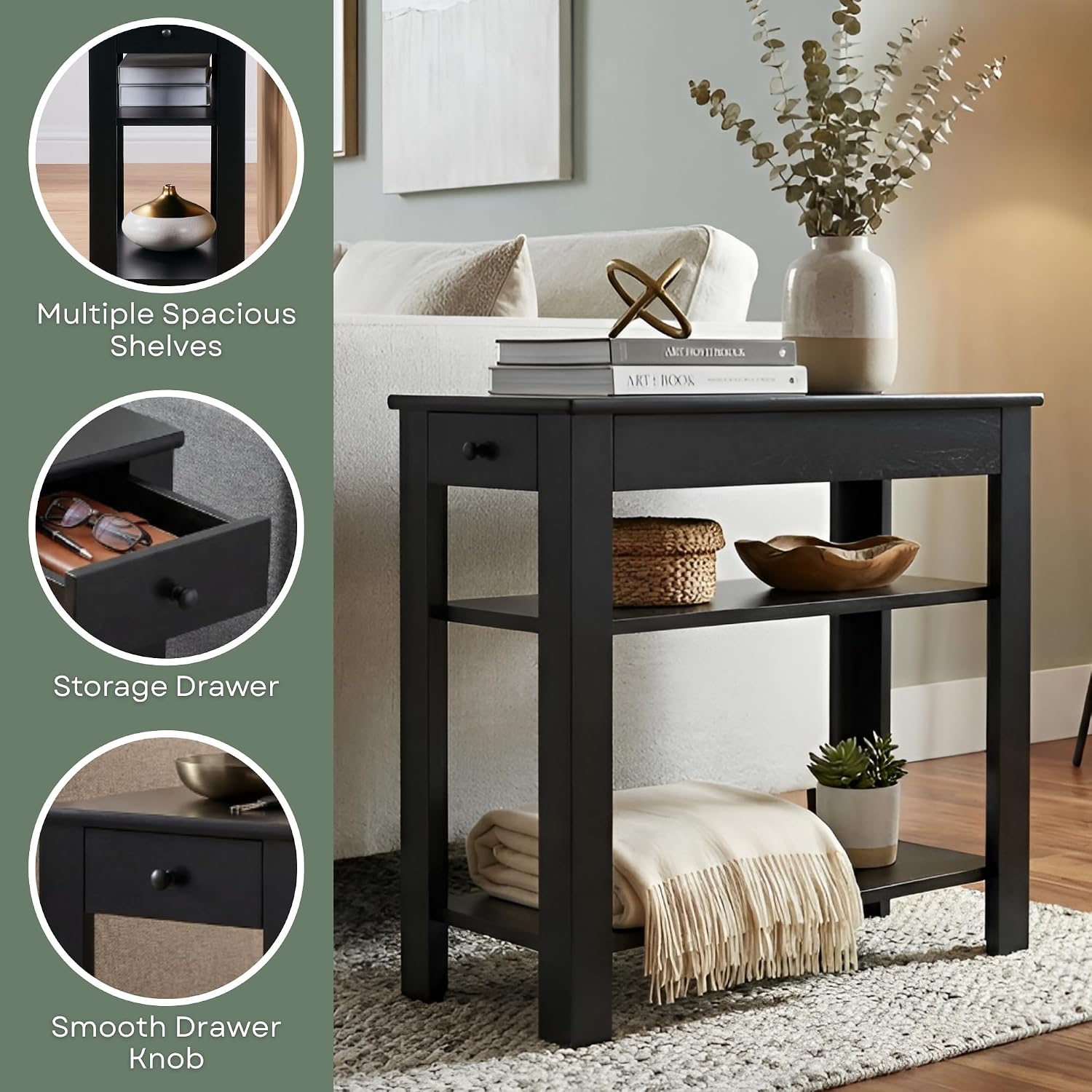 Convenience Concepts Designs2Go Baja Chairside End Table 23.75" - Transitional Narrow 3-Tier Side Accent with Storage Drawer & Shelves for Modern Living or Family Room, Bedroom Nightstand, Black