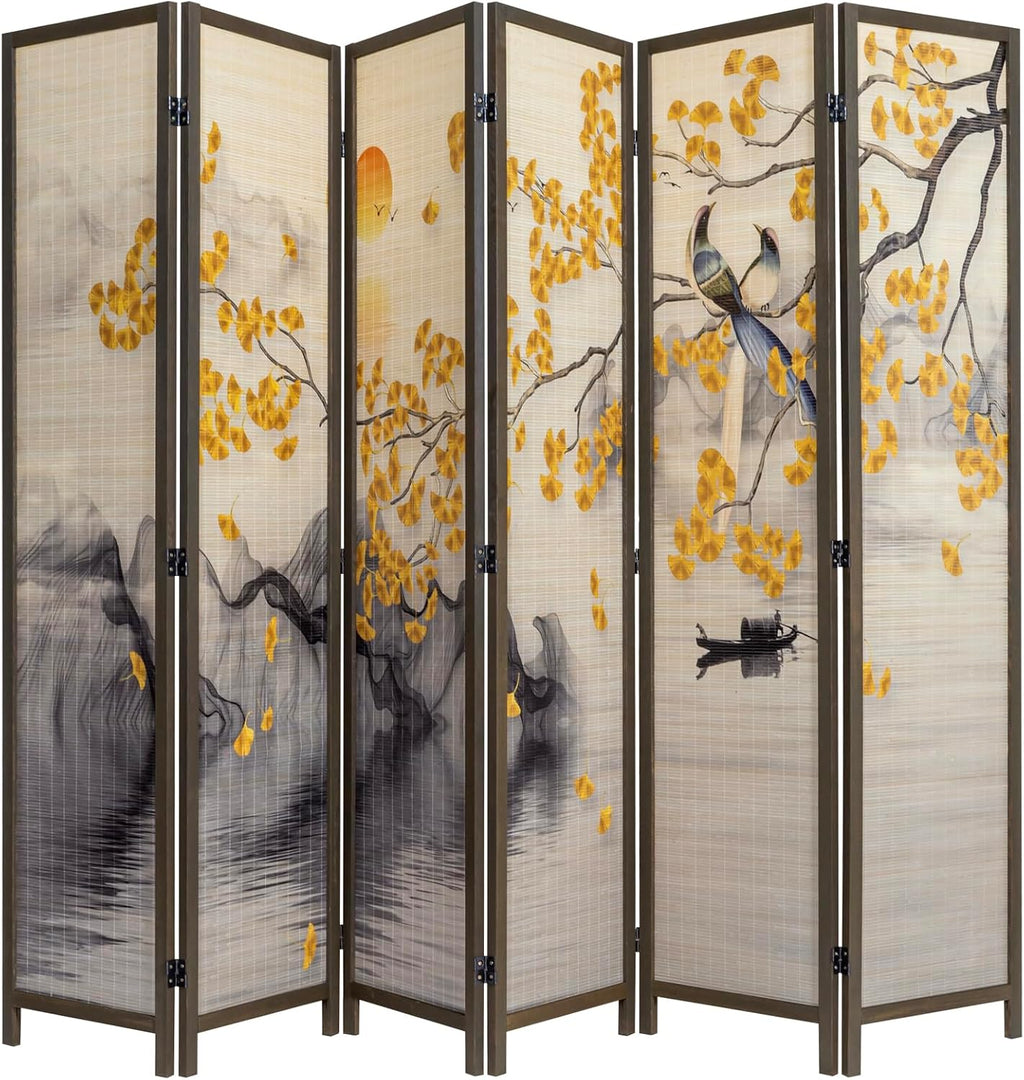 MyGift 6-Panel Large Bamboo Room Divider with Dual-Sided Asian Birds and Gingko Tree Sunset Print, Freestanding Privacy Screen with Brown Solid Wood Frame