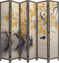 MyGift 6-Panel Large Bamboo Room Divider with Dual-Sided Asian Birds and Gingko Tree Sunset Print, Freestanding Privacy Screen with Brown Solid Wood Frame