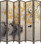 MyGift 6-Panel Large Bamboo Room Divider with Dual-Sided Asian Birds and Gingko Tree Sunset Print, Freestanding Privacy Screen with Brown Solid Wood Frame