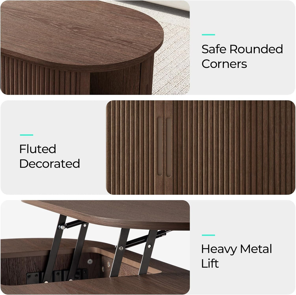 LINSY Lift Top Coffee Table, Oval Fluted Coffee Table with Storage, Mid Century Modern Wooden Coffee Tables with Sliding Tambour Door, 39" Center Table for Living Room, Office, Small Space, Walnut