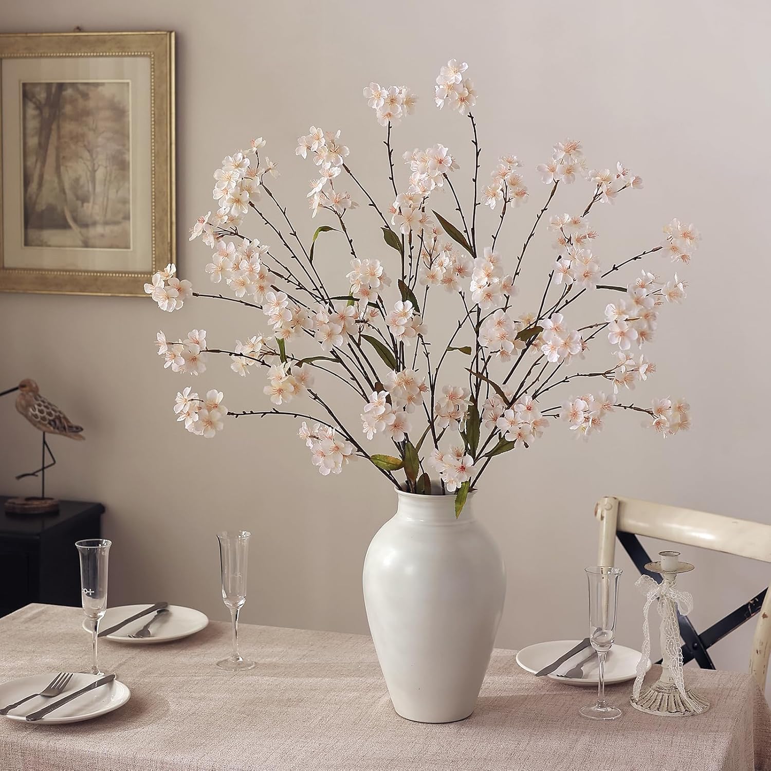 44" Artificial Cherry Blossom Branches for Vase - 4 PCS Faux Long Cherry Blossom Stems, Lifelike Fake Silk Flowers for DIY Arrangements, Table Centerpiece, Office, Home, Farmhouse Decorations (Cream)