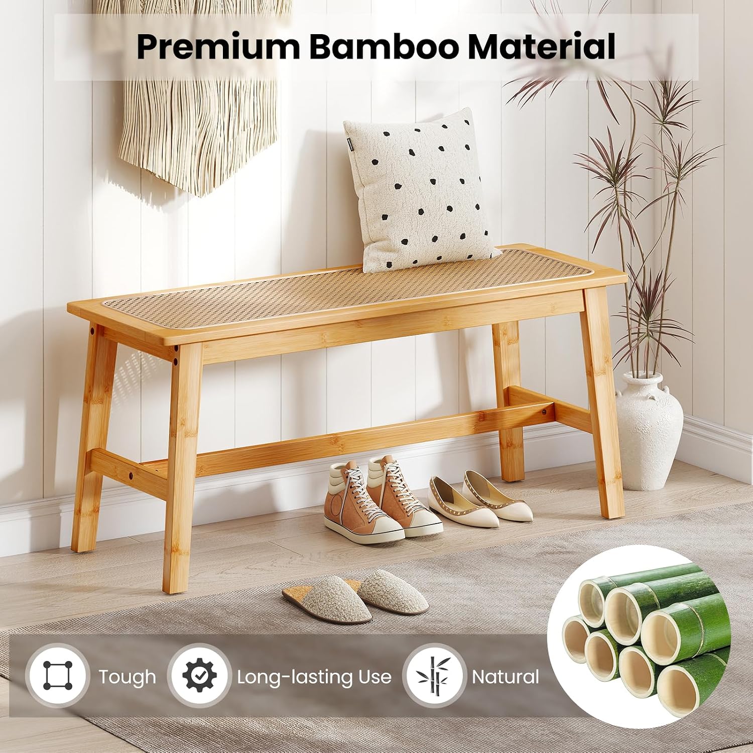 GOFLAME 39.5” Bamboo Dining Bench with Rattan Seat, Farmhouse End of Bed Bench for Bedroom, Boho Accent Bench Seat for Entryway, Living Room, Dining Room, 660 LBS Load Capacity