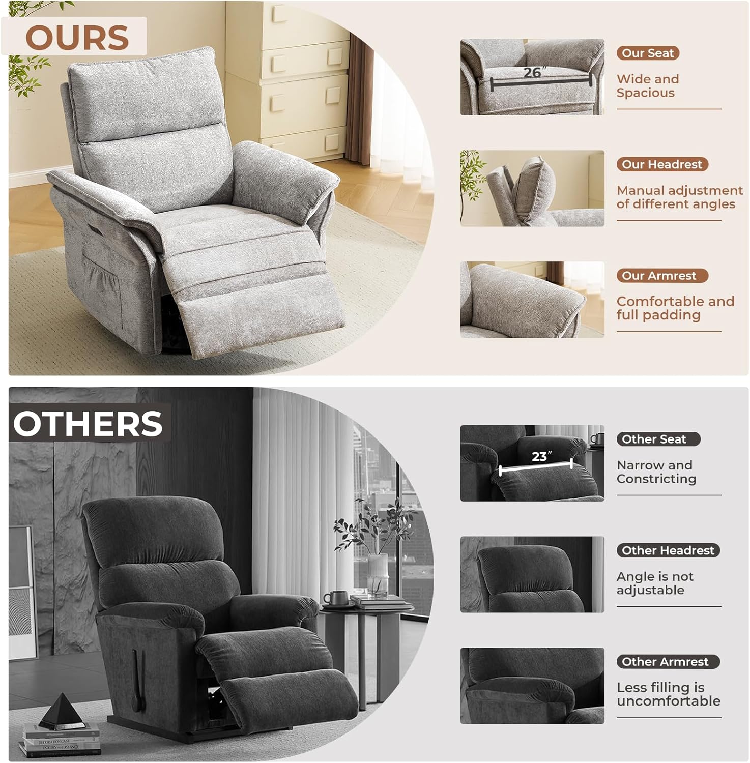 Power Swivel Rocker Recliner, Glider Recliner Nursery Chair with Massage and Heat, Nursery Rocking Chairs with Adjustable Headrest for Living Room，USB Ports,Side Pockets,Chenille Light Grey