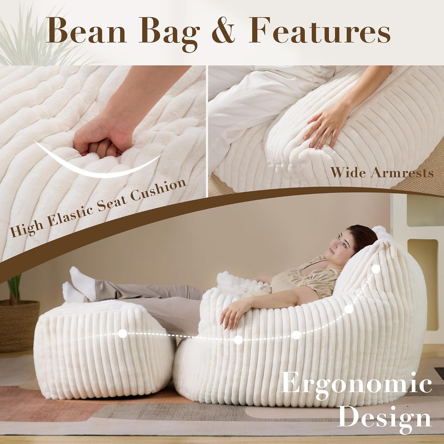 Oversized Bean Bag Chair for Adults, Giant Plush Boneless Bean Bag Couch with Wide Armrests for Bedroom, Living Room & Dorm - Giant Chaise Lounge Chair Indoor & Ottoman, Floor Reading Lounger(Beige)