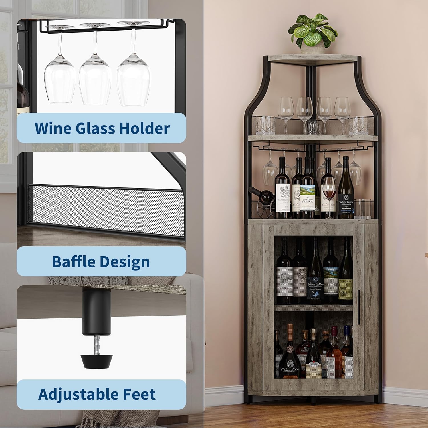GAOMON Corner Wine Cabinet with Wine Rack and Glass Holder 5 Tier Modern Corner Wine Cabinet Corner Bar Cabinet Industrial Liquor Cabinets for Kitchen, Living Room, Dining Room,Grey
