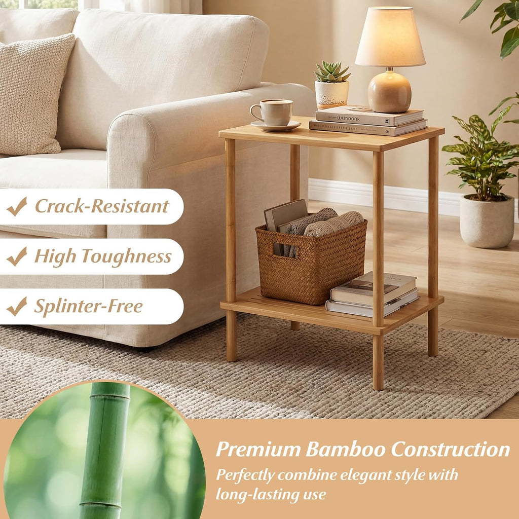 Giantex Bamboo Side Table Set of 2, 2-Tier Sofa End Bedside Table w/Storage Shelves, Rectangular Accent Coffee Tables, Narrow Nightstand for Small Spaces, Boho Night Stand for Living Room Bedroom