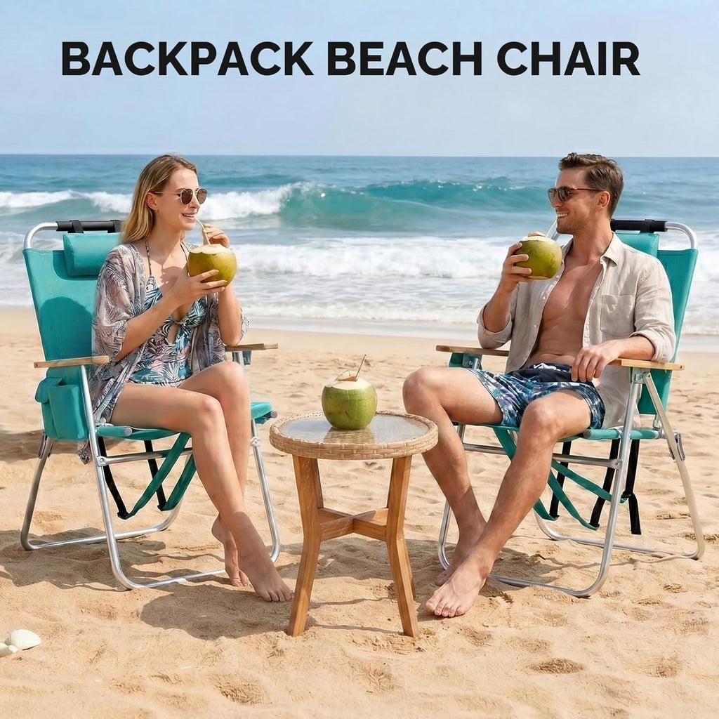 Bonnlo 17“ Lightweight High Backpack Beach Chair, 2 Pack Portable Tall Beach Chairs for Adults with Side Bag. 3 Level Adjustable Positions for Camping Patio and Picnic