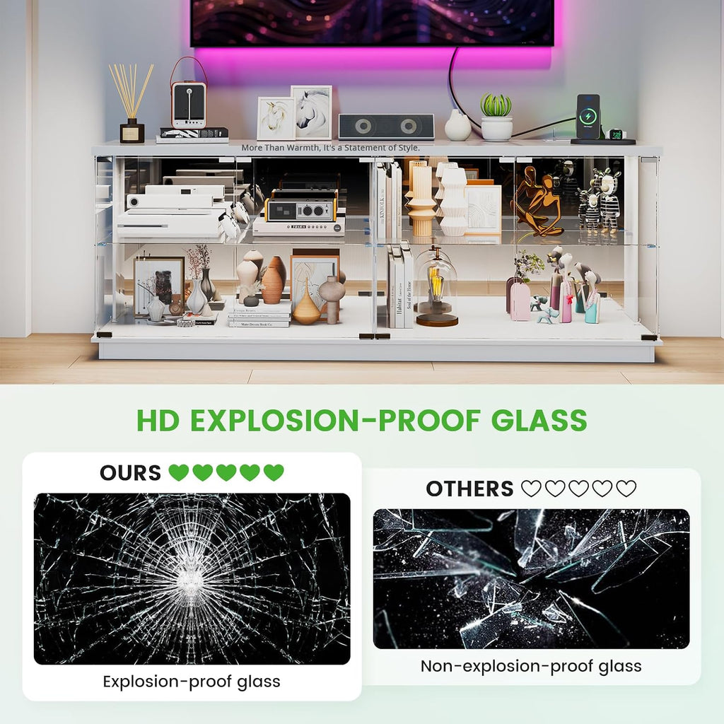 HNEBC 71" Glass Display TV Cabinet with Power Strip for Living Room,White | TV Stand with Glass Doors , LED Curio Cabinet for Collections,Modern Entertainment Center with Motion Sensor RGB Lights