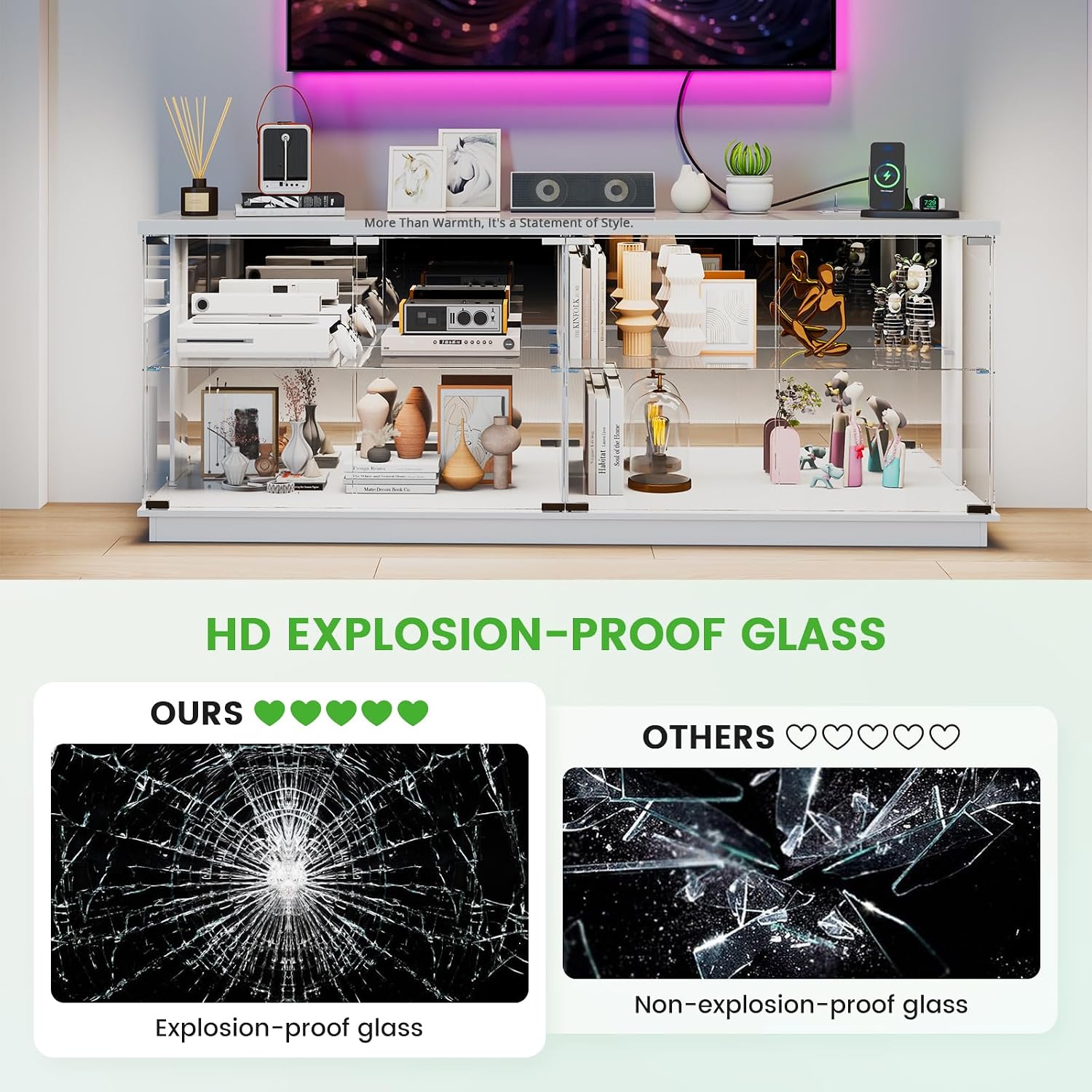 HNEBC 71" Glass Display TV Cabinet with Power Strip for Living Room,White | TV Stand with Glass Doors , LED Curio Cabinet for Collections,Modern Entertainment Center with Motion Sensor RGB Lights