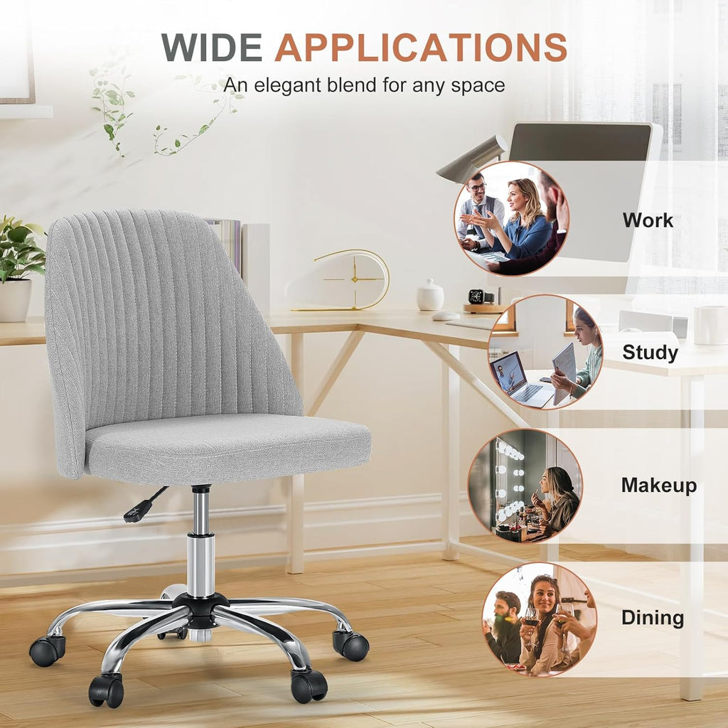 DUMOS Office Chair, Comfy Desk Chair Rolling Vanity Swivel Task Chairs with Wheels, Wide Seating Armless Height Adjustable Computer Chairs for Home,Bedroom,Student,Adults, Classic Grey