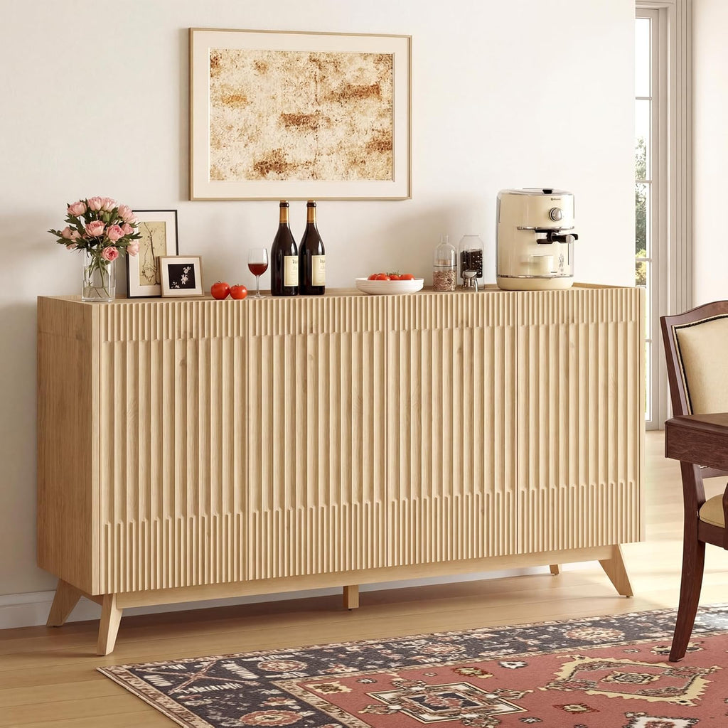 Fatmok Large Sideboard Buffet Cabinet with Storage, 65" Modern Fluted Credenza Buffet Table Coffee Bar Storage Cabinet with Doors & Adjustable Shelves for Living Room Kitchen Dining Room(Natural Oak)