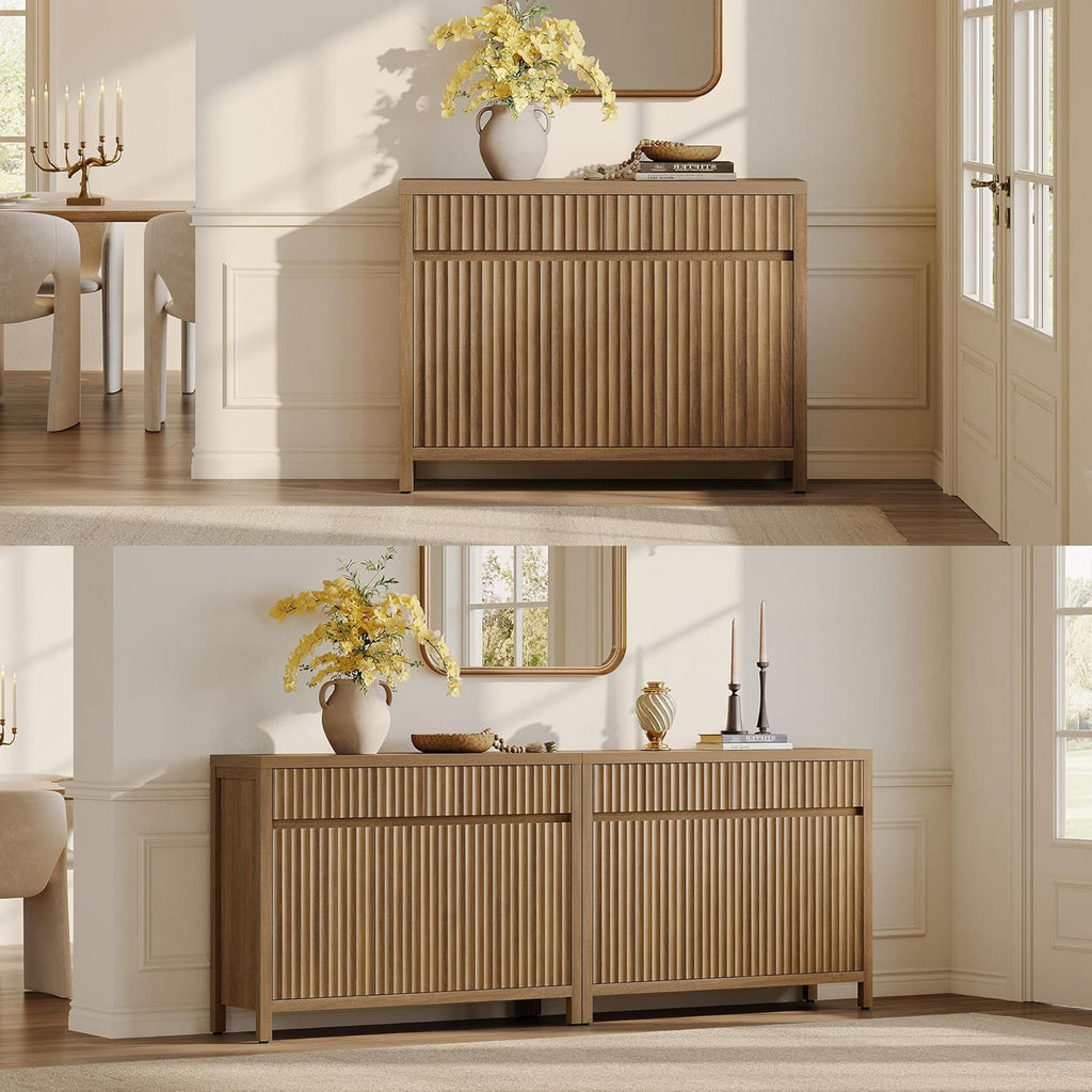 SICOTAS Fluted Sideboard Buffet Cabinet with Storage – Extra Large Credenza Accent Cabinet with 2 Drawers and 3 Doors, 84" Modern Entryway Cabinet Console with Adjustable Shelves for Living Room
