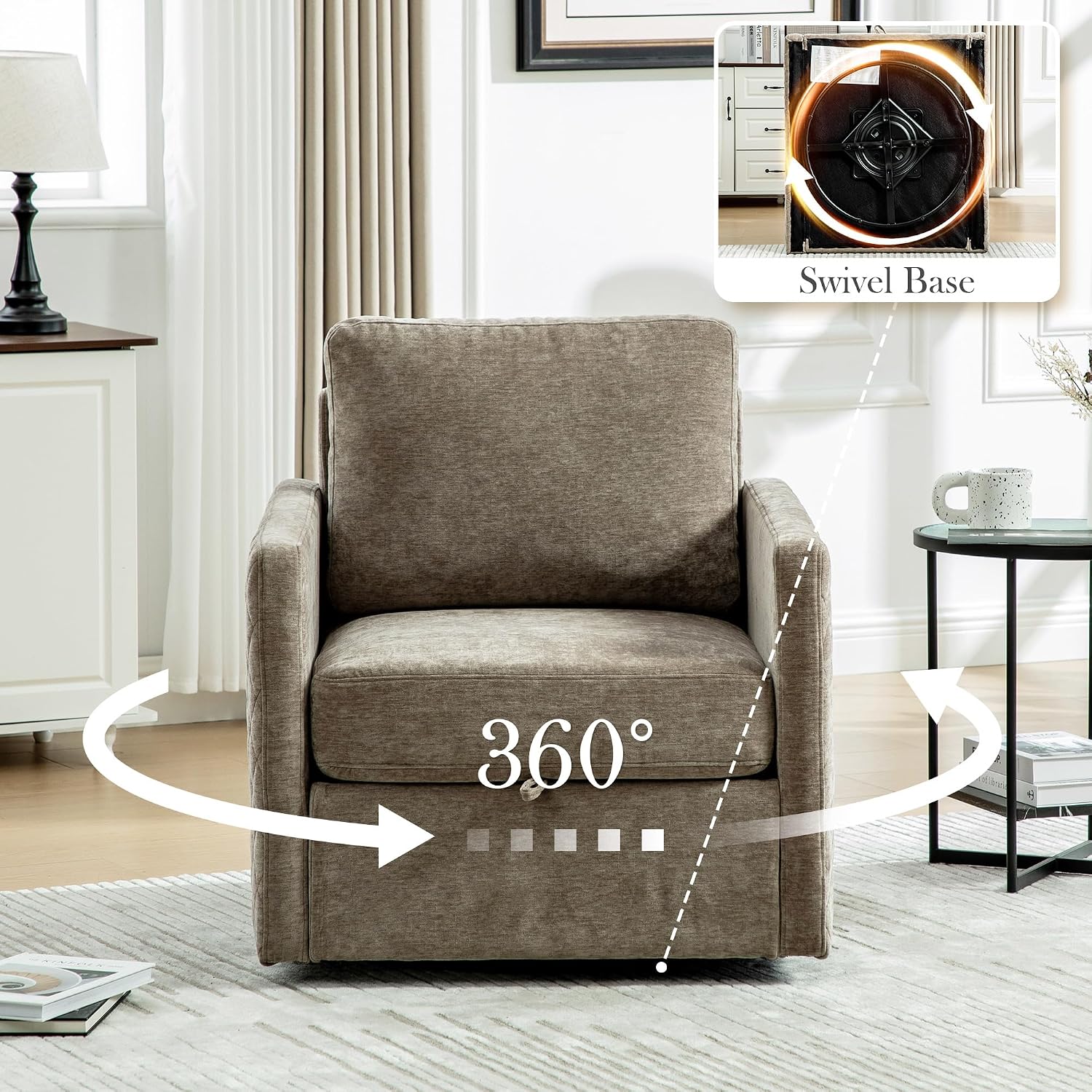 Aoiy & Wifon 29.5''W Swivel Accent Chair, Comfy Modern Square Arm Chair with Hidden Storage for Living Room/Bedroom/Office, Chenille, Taupe