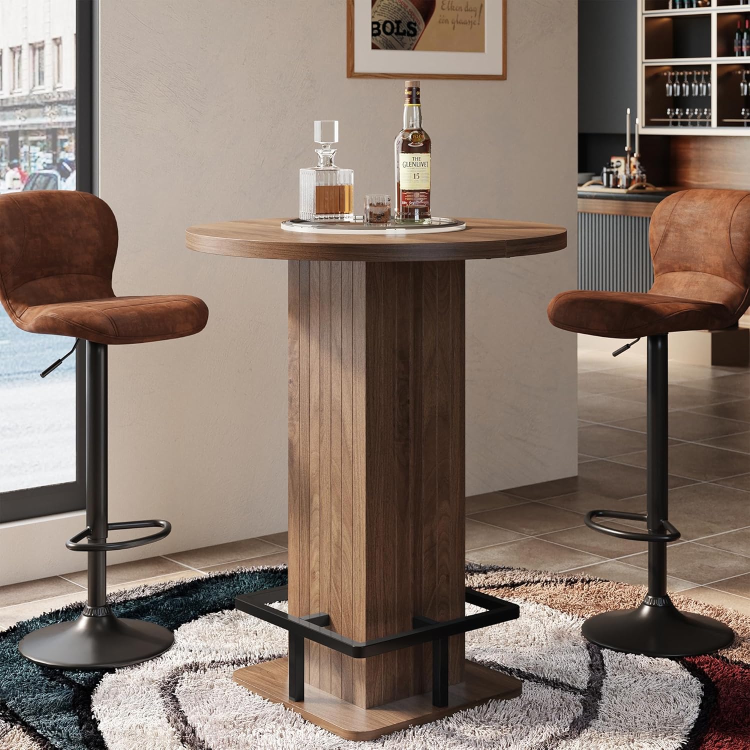 IRONCK Round Bar Table, 39.4" H Wood Bistro Pub Table with Metal Ring Footrest for Coffee Cocktail Dining Living Room, Bar Studio Apartment and Small Space, Brown(Only Table)