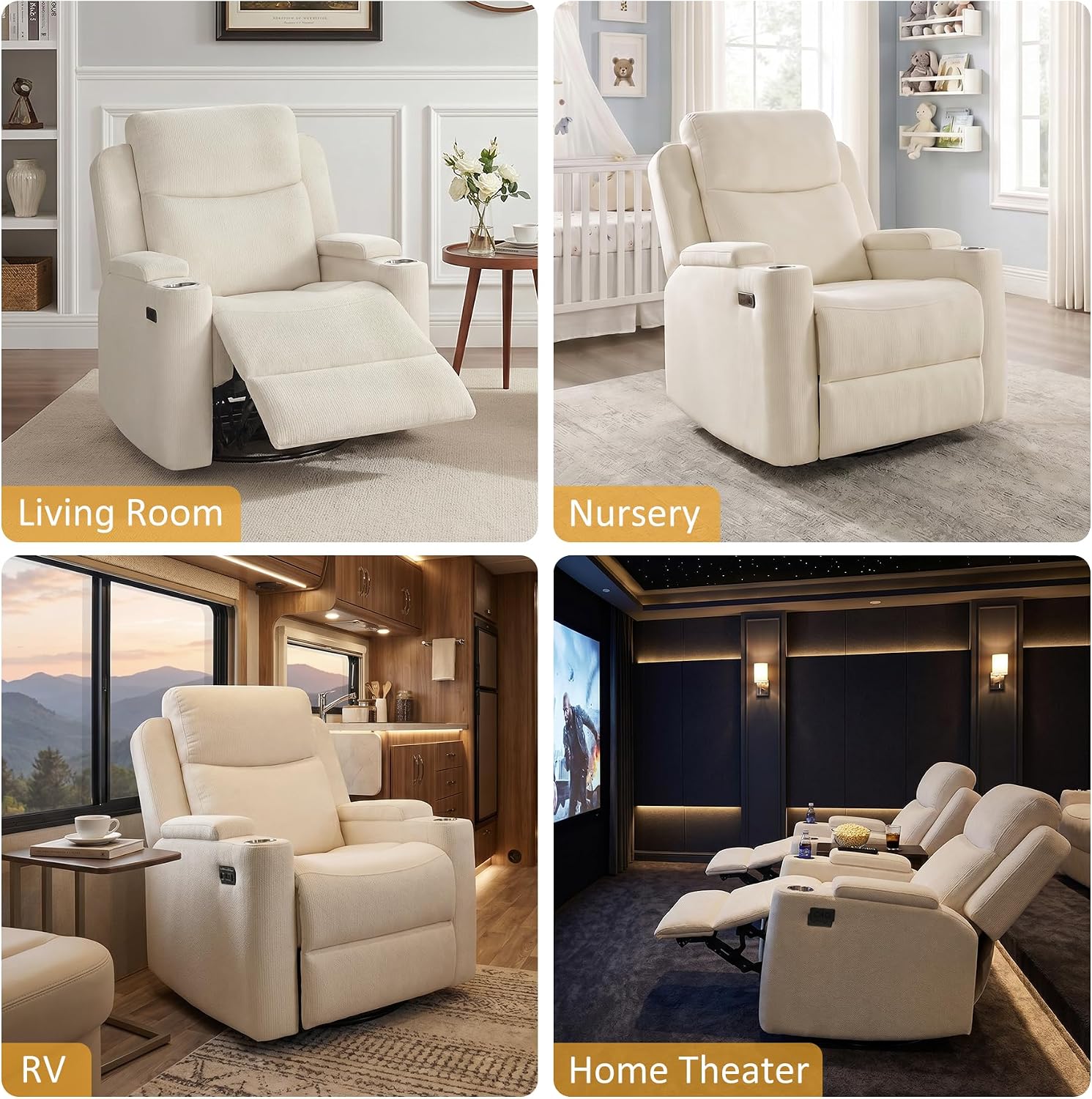 Oversized Nursery Glider Rocking Chair, 270° Swivel Glider Recliner Chair with USB & Type-C Ports, Cup Holders & Armrest Storage, Soft Chenille Nursery Chair for Living Room, Bedroom