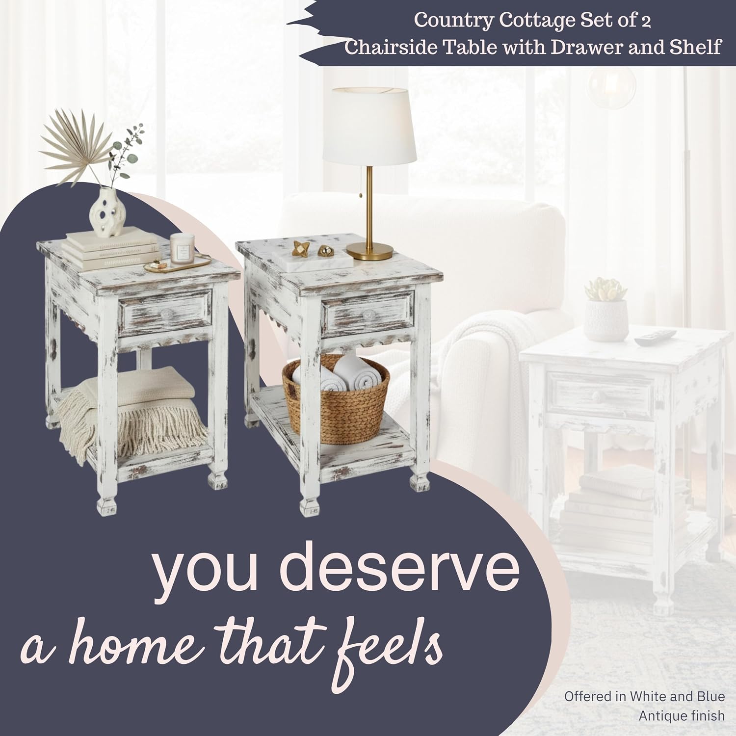 Alaterre Furniture Country Cottage Chairside End Table Set of 2 – Narrow Rustic Farmhouse Side Table with Drawer & Lower Shelf for Living Room or Bedroom (Distressed White Finish)