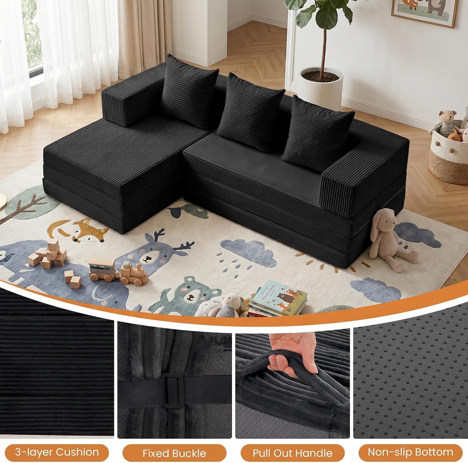 65" Boneless Couch,Convertible Sleeper Sofa Bed, Modular Sectional Sofa, Modern Tri-Folding Cloud Couch with L-Shape Chaise, Corduroy Futon Couches for Living Room Small Spaces Apartment,No Assembly
