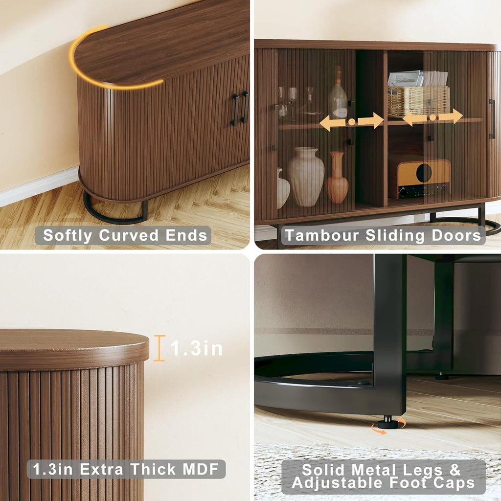 HUAHUU Sideboard Buffet Cabinet with Storage, 54.3" Fluted Tambour, Adjustable Shelves, Mid Century Modern Console for Living Room Kitchen Walnut