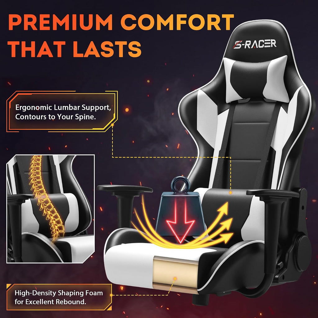 Patiowell Video Gaming Chair with Footrest Lumbar Support for Home Office High Back Recliner Height Adjustable Ergonomic Comfy Leather Computer Desk Chair(White)