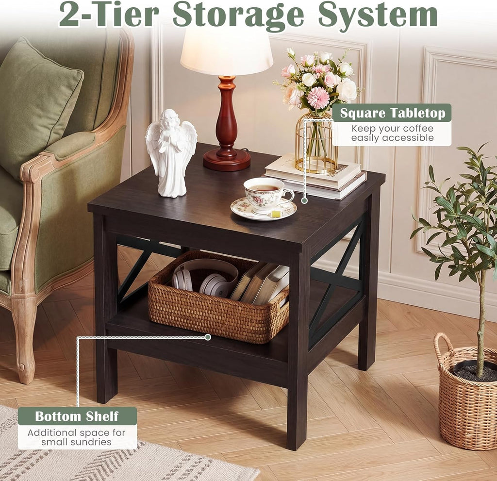 Giantex 2-Tier Square End Table, 24'' Sofa Couch Side Table with Storage Shelf & X-Frame, Farmhouse Wood Bedside Night Stand for Bedroom Living Room (Brown,1)