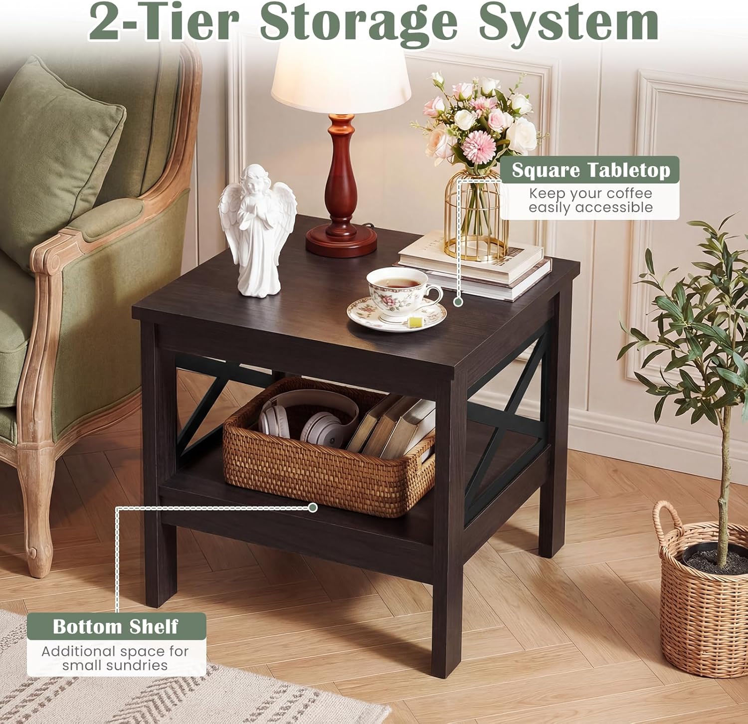 Giantex 2-Tier Square End Table, 24'' Sofa Couch Side Table with Storage Shelf & X-Frame, Farmhouse Wood Bedside Night Stand for Bedroom Living Room (Brown,1)