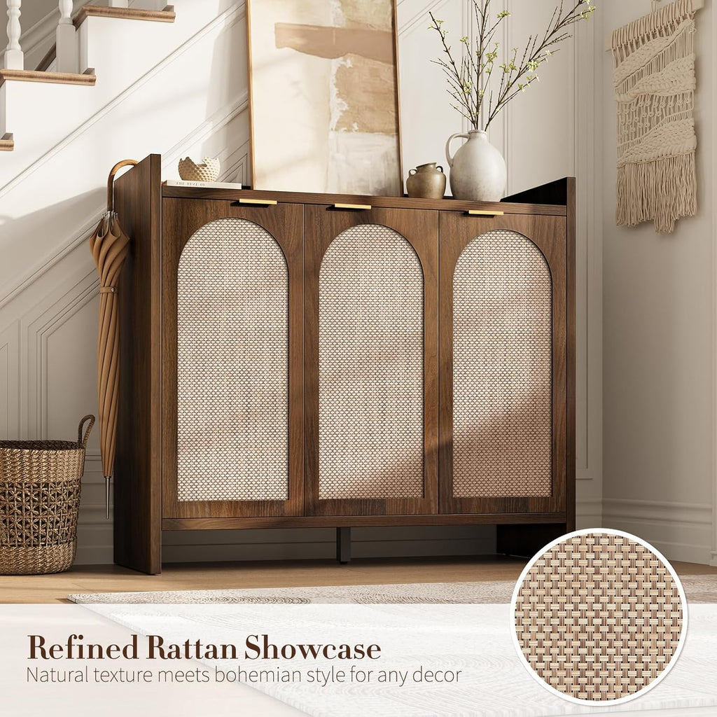 Shoe Cabinet Storage for Entryway - Rattan Accent Cabinet with 3 Doors & Adjustable Shelves, 6-Tier Large Wood Shoes Cabinets with Organizer Rack for Entry Way, Hallway, Living Room, Walnut