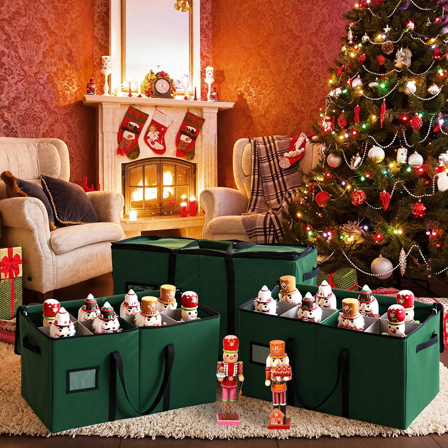 Soaoo 3 Pcs Christmas Nutcracker Storage Box 600d Canvas Christmas Figurine Collectible Storage Box Keeps 24 Holiday Figurines with Lids Handles for Santa Figure or Nutcracker Ornaments (Green)
