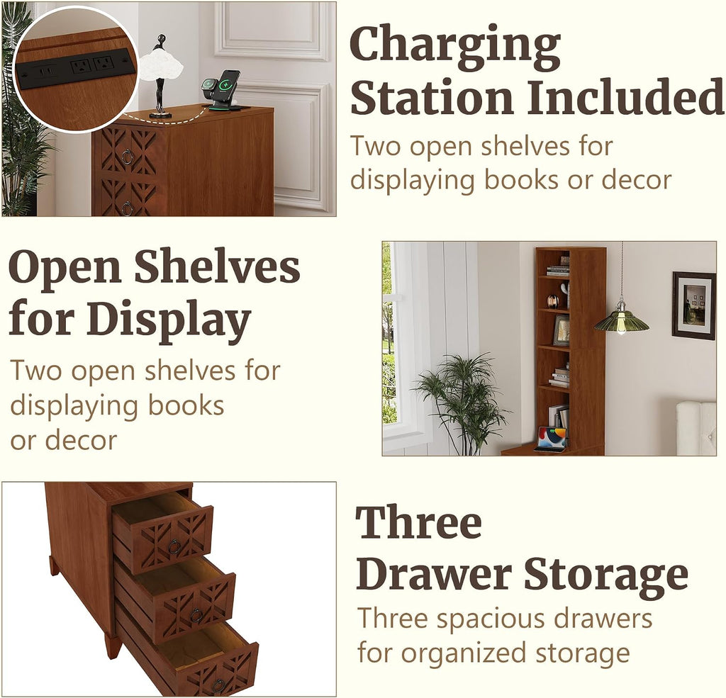 Mirightone 71" Tall End Table with 3-Drawer and Shelves, Narrow Side Table with Charging Station, High Slim Corner Cabinet Bedside Table with Storage Bookcase for Living Room Bedroom, Walnut