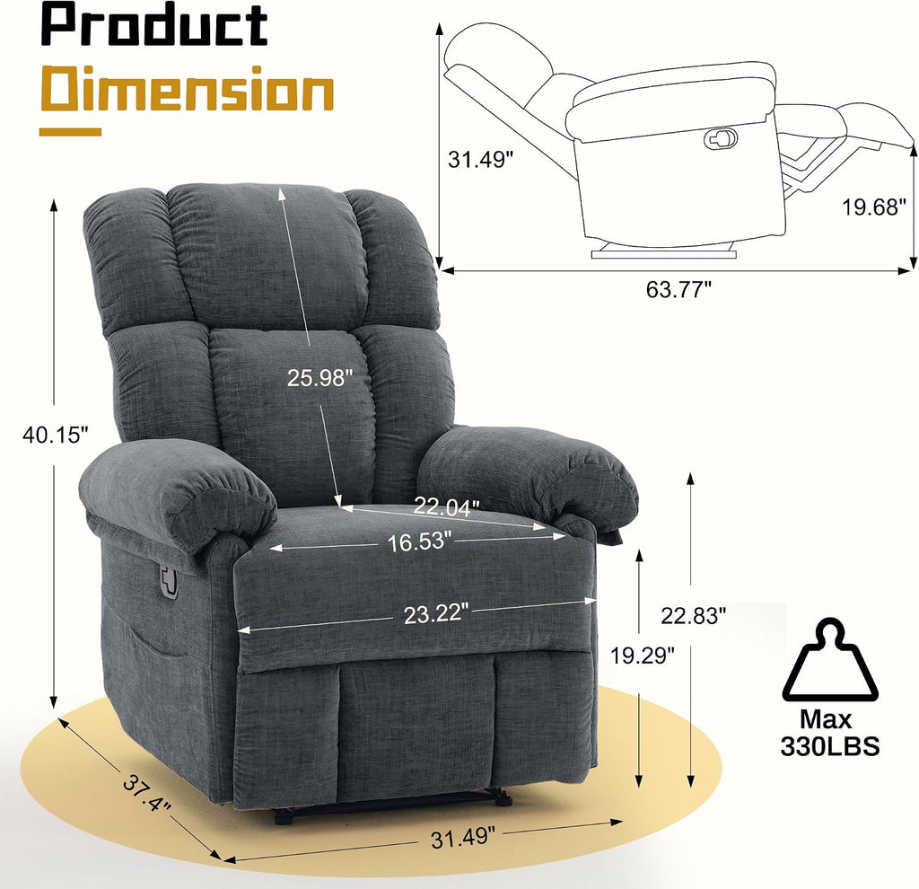 Korser Recliner Chair for Living Room, Manual Recliner with Thick Upholstered & Side Pockets, Small Recliner for Small Spaces, Lounge Chair for Nursery Bedroom Apartment RV, Chenille