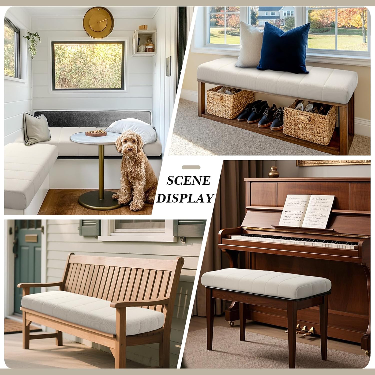 Wenqik Bench Cushion 40x20x4 Inch for Indoor Outdoor Furniture Tufted Thicken Bay Window Seat Cushion Non Slip Waterproof Dining Piano Bench Pad Pillow Anti Cat Scratch for Patio Porch Swing, Beige