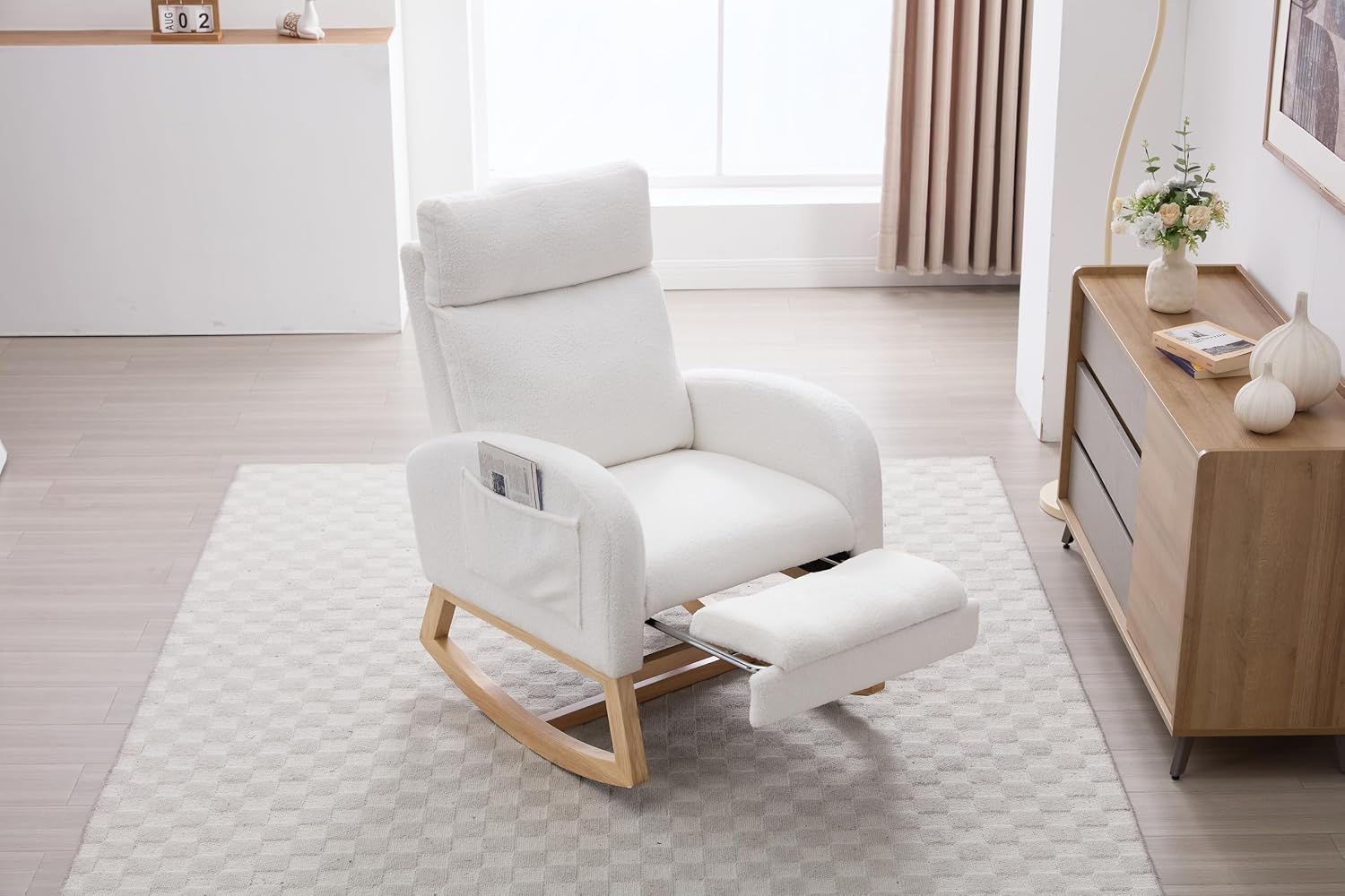 Teddy Fabric Rocking Chair with Adjustable Footstool, Nursery Rocker, High Backrest & Storage Pocket, White, 35.04"-49.21" D X 27.36" W X 40.16"-41.73" H