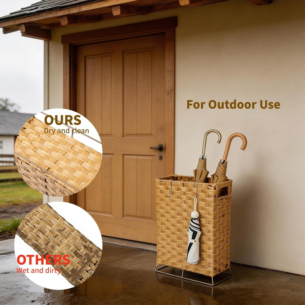 Rattan Umbrella Stand with Built-in Water Reservoir & Hooks, Hand Woven Umbrella Rack Organizer Freestanding - Stable, High-Capacity Organizer for Home and Office - 11.8" L x 5.5" W x 16.5" H