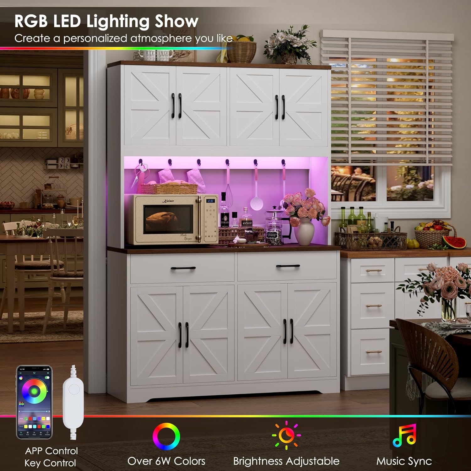 HIFIT 71" Tall Kitchen Pantry Cabinet with RGB LED and Charging Station, Farmhouse Coffee Bar Cabinet with Large Countertop and 6 Hooks, Kitchen Hutch Storage Cabinet, White