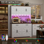HIFIT 71" Tall Kitchen Pantry Cabinet with RGB LED and Charging Station, Farmhouse Coffee Bar Cabinet with Large Countertop and 6 Hooks, Kitchen Hutch Storage Cabinet, White