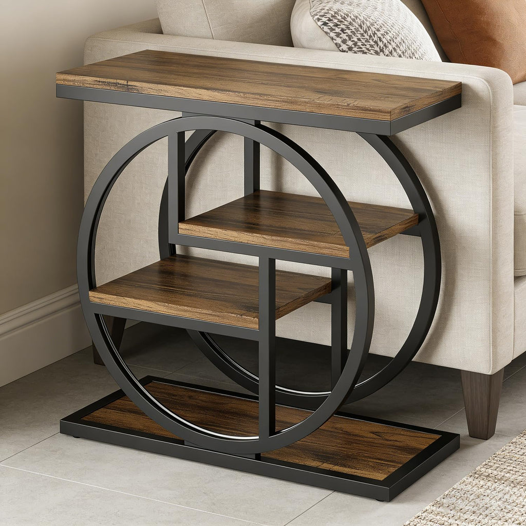 End Table with Storage, Narrow Side Table for Living Room, 4-Tier Industrial End Tables with Shelves, Small Sofa Table for Bedroom, Rustic Brown