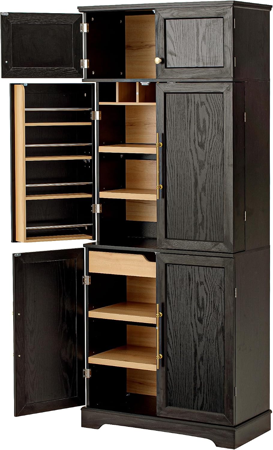 78.2" Tall Farmhouse Kitchen Pantry with 6 Doors and 8 Racks, Wood Cupboard Storage Cabinet with 4 Adjustable Shelves, Hidden Drawer, Wine Rack for Kitchen, Dining & Bathroom (Ash Black-11.22)