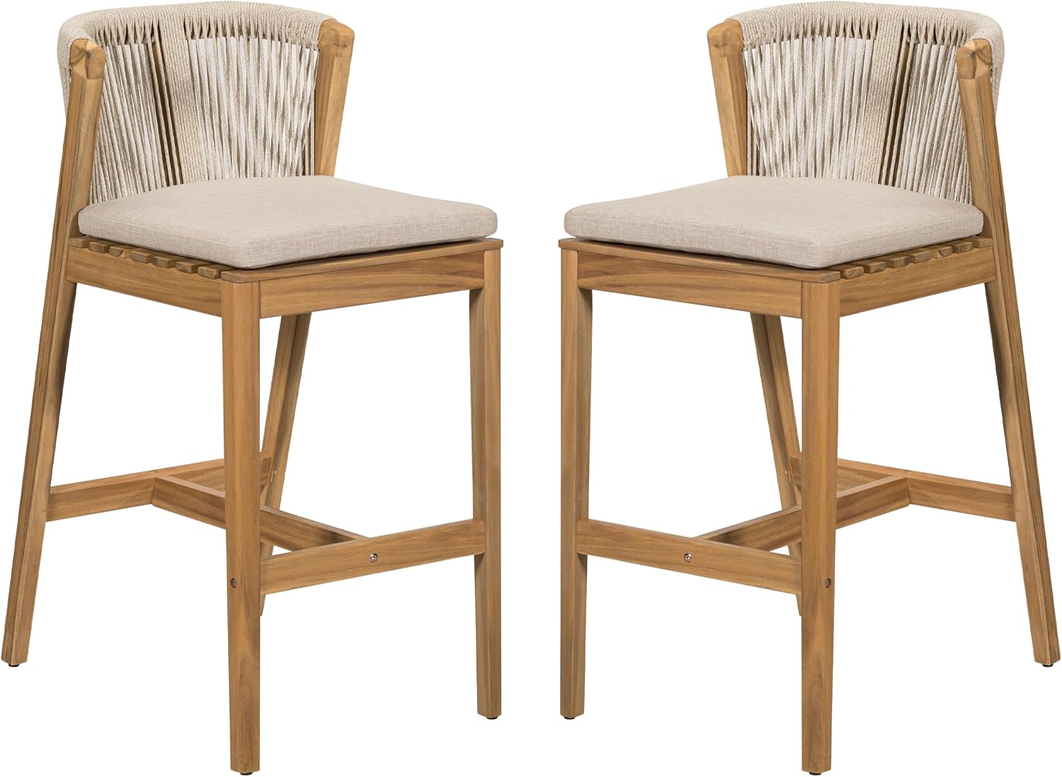 Christopher Knight Home Cuz Patio Barstool Set of 2, Outdoor Counter Height Stool with Sturdy Acacia Wood Frame and Rope Backrest, Bar Stool with Seat Cushion for Backyard Garden, Beige + Teak