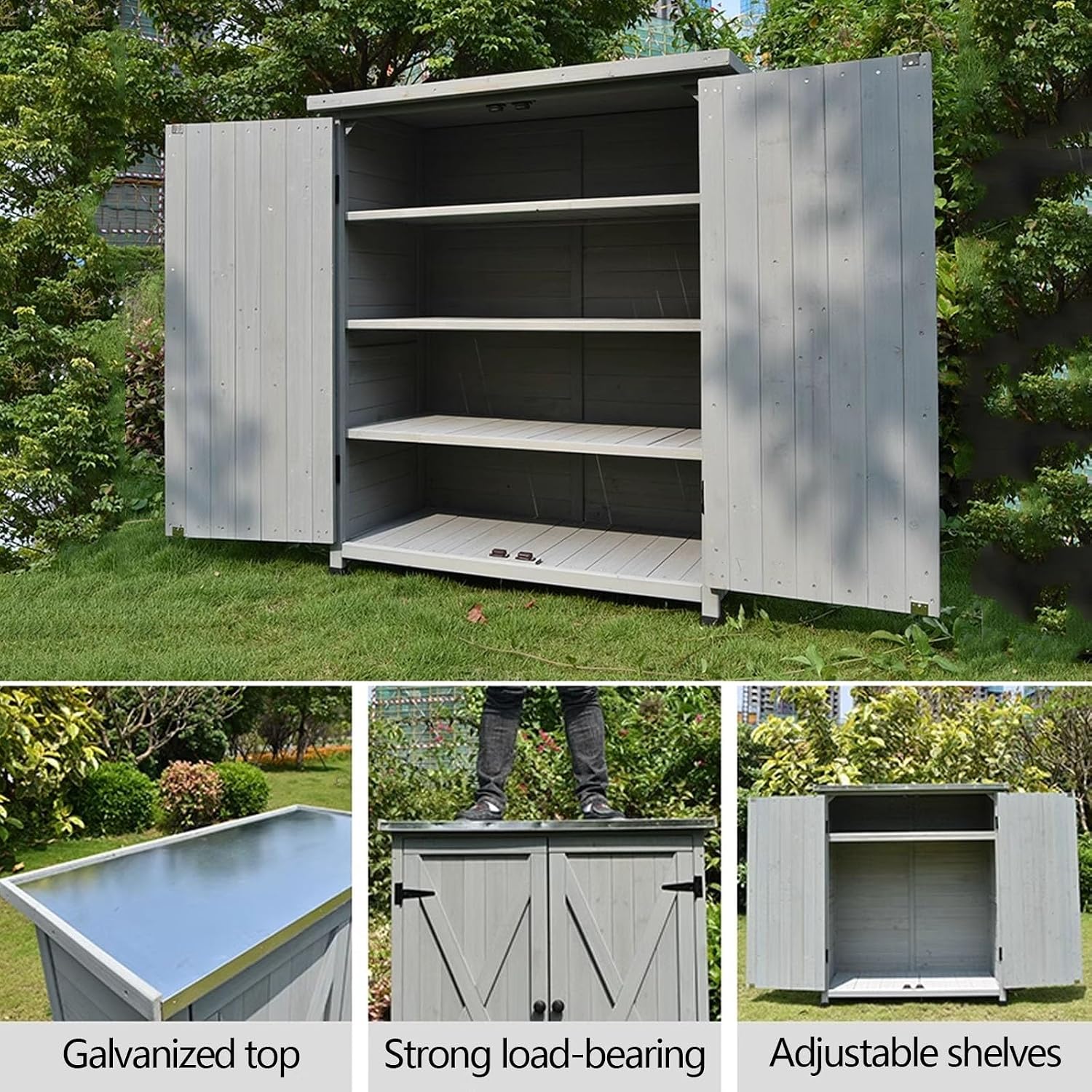 Large Vertical Outdoor Storage Box Adjustable Foot Pads, Wooden Outdoor Storage Cabinet with Doors Galvanized Cabinet Top for Delivery Patio Garden and Porch,Br,Brown