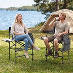 COSTWAY Folding Tall Director Chair, 26" Seat Height Portable Camping Chair with Side Table, Cup Holders, Storage Pockets, Footrest, Compact Makeup Salon Chair Support 350 lbs