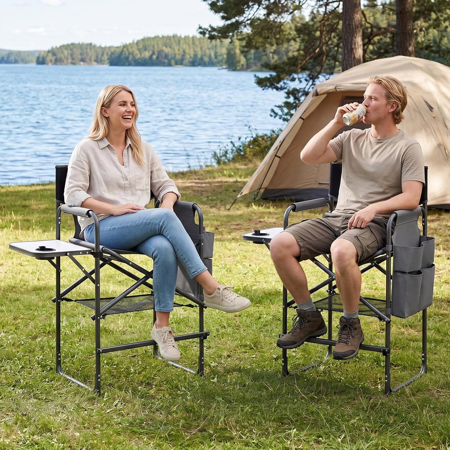 COSTWAY Folding Tall Director Chair, 26" Seat Height Portable Camping Chair with Side Table, Cup Holders, Storage Pockets, Footrest, Compact Makeup Salon Chair Support 350 lbs
